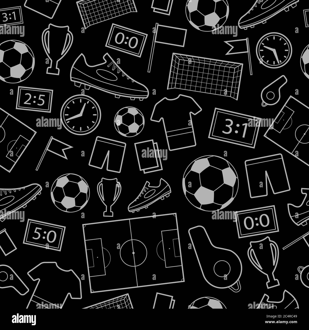 Seamless pattern of football symbols, white on black Stock Vector