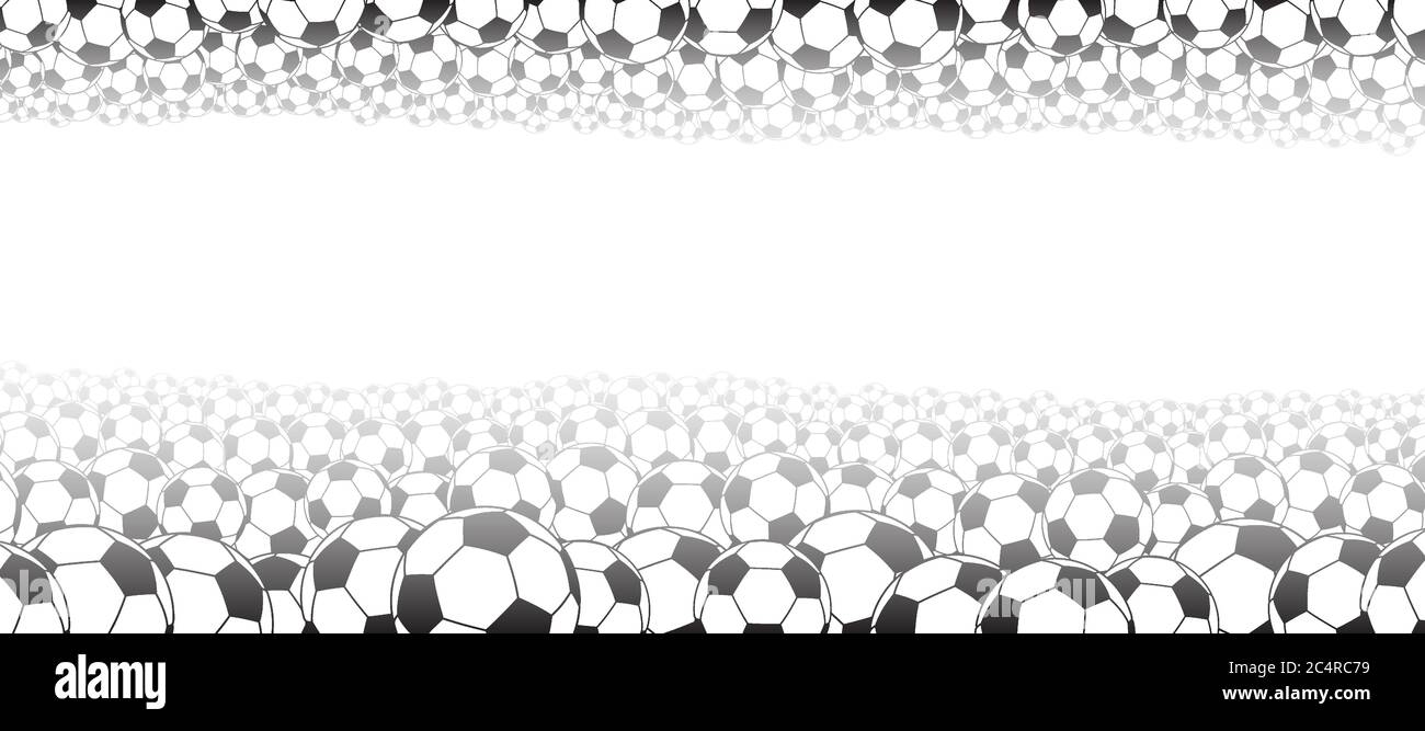 Background of soccer balls, located at top and bottom, black on white Stock Vector