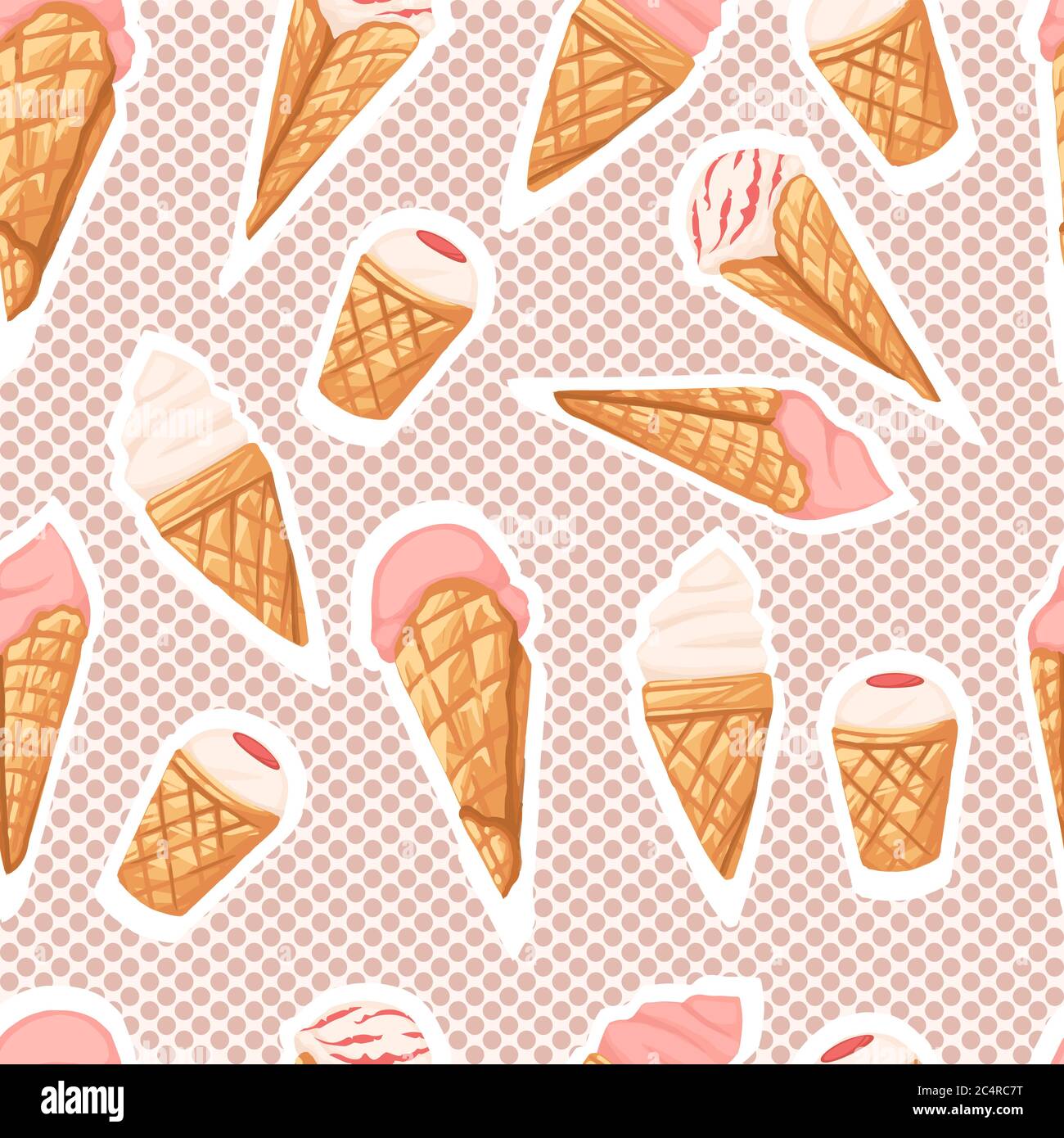 Seamless pattern of ice cream flavors in waffle cones with different ...