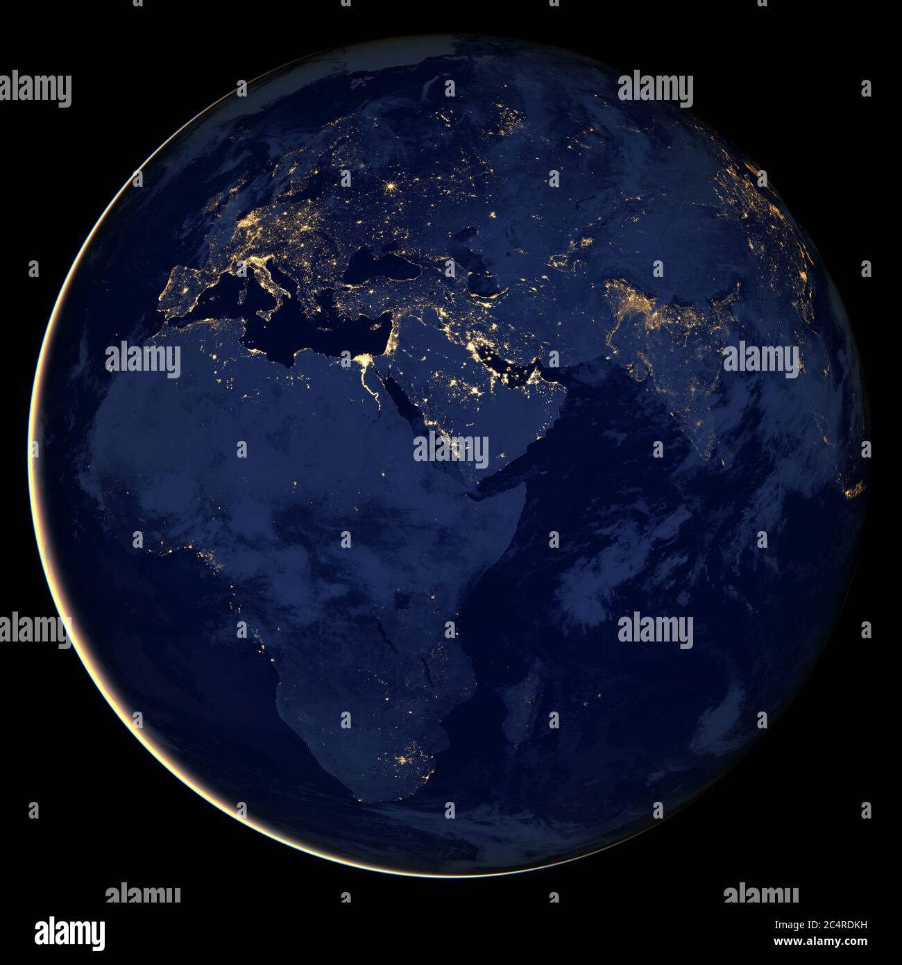 Planet Earth at night, view of city lights showing human activity in Europe, Africa and Asia from space. World map on dark globe on satellite photo. E Stock Photo