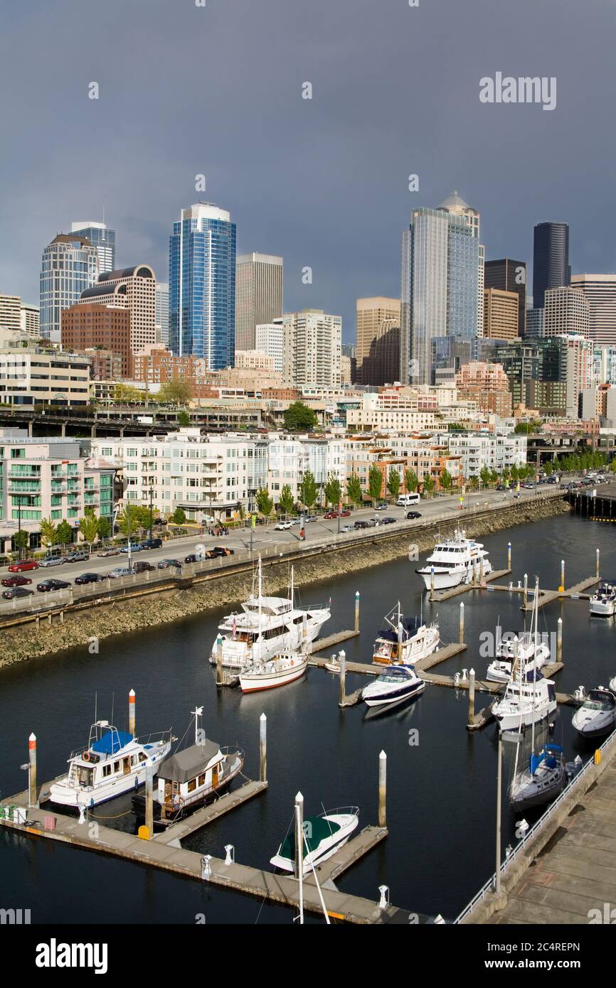 Seattle skyline & Bell Harbor Marina, Washington State, USA, North America Stock Photo Alamy