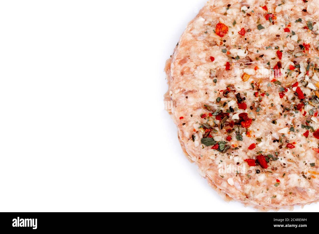 Raw fresh large beef burger isolated on white background Stock Photo