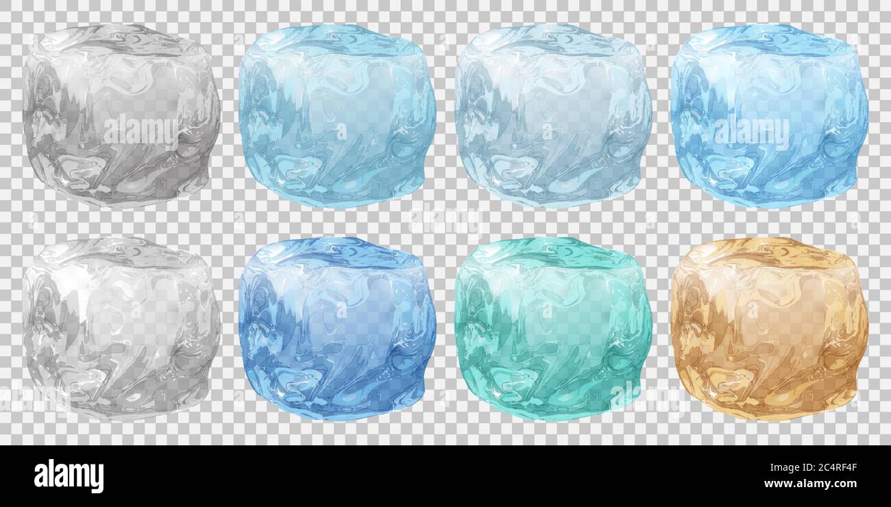 Set of realistic translucent ice cubes in various colors on transparent background Stock Vector