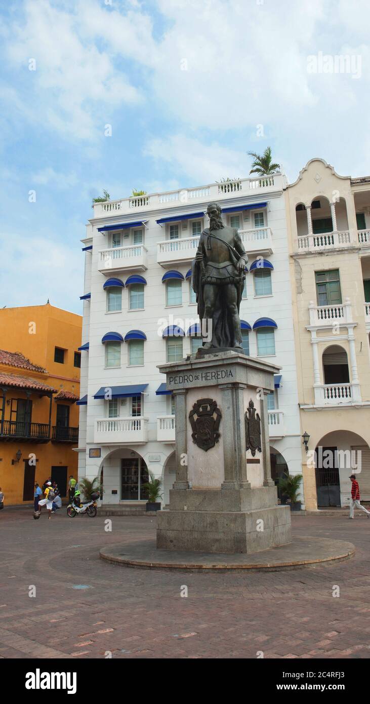 Cartagena de Indias, Bolivar / Colombia - April 8 2016: Monument to Pedro de Heredia in Plaza de los Coches in the historical center. Pedro de Heredia Stock Photo