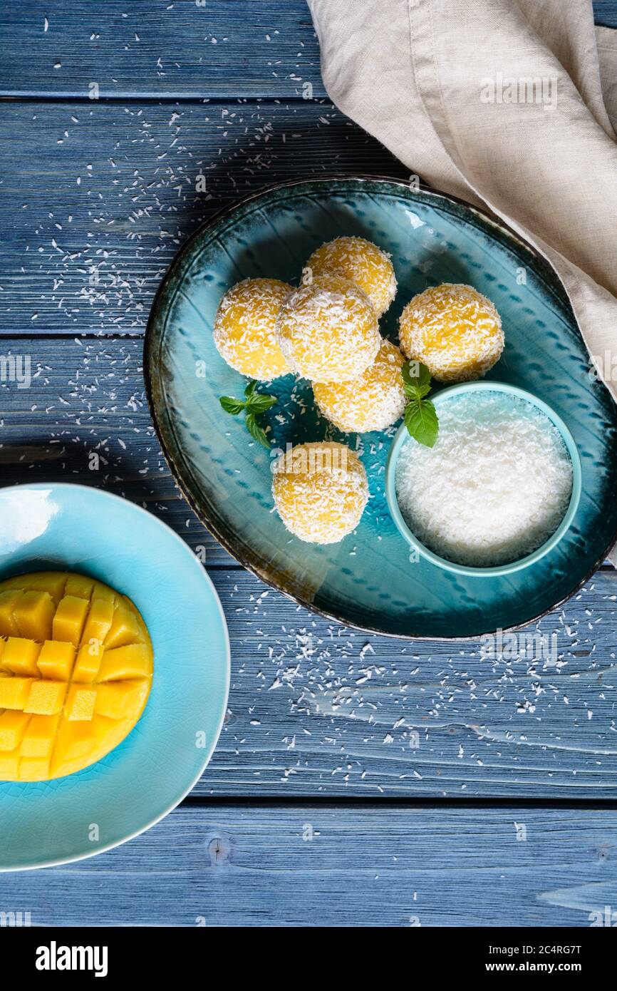 Mango Coconut Ladoo traditional sweet balls made of mango puree