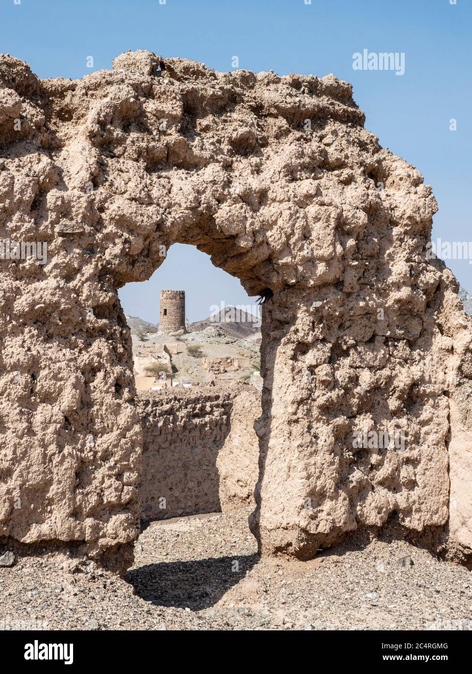 Remains of the mud and clay watch towers in the village of Mudayrib, Sultanate of Oman. Stock Photo