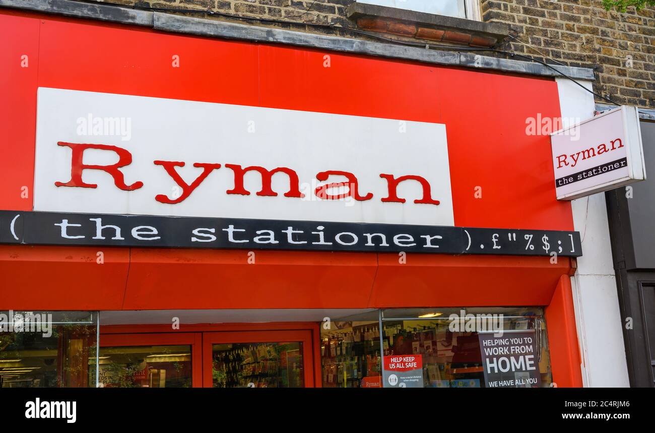Bromley (Greater London), Kent, UK. Ryman the stationer store in Bromley High Street. Shows the Ryman name and logo on a sign over the shop entrance. Stock Photo