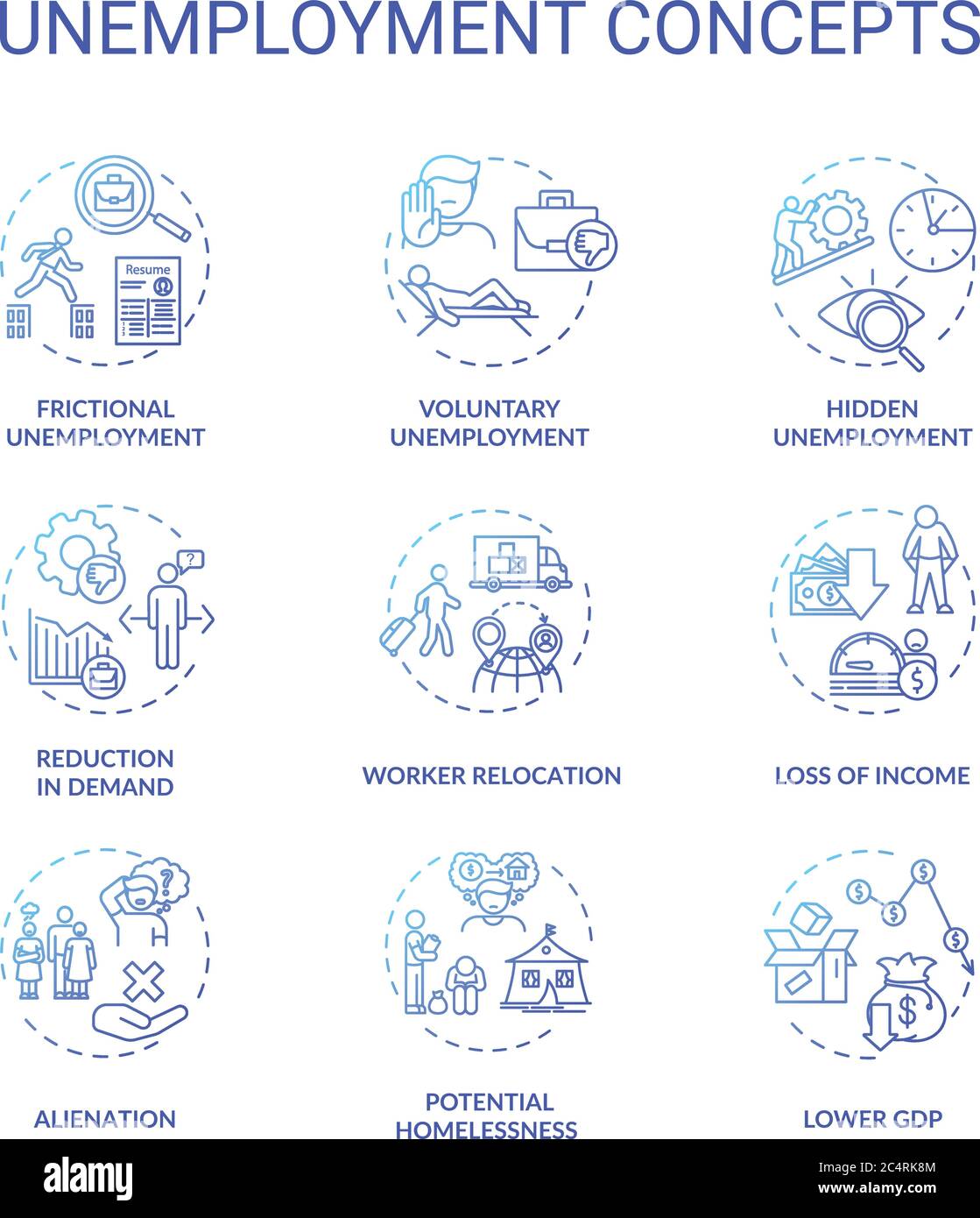 Unemployment type blue gradient concept icons set Stock Vector