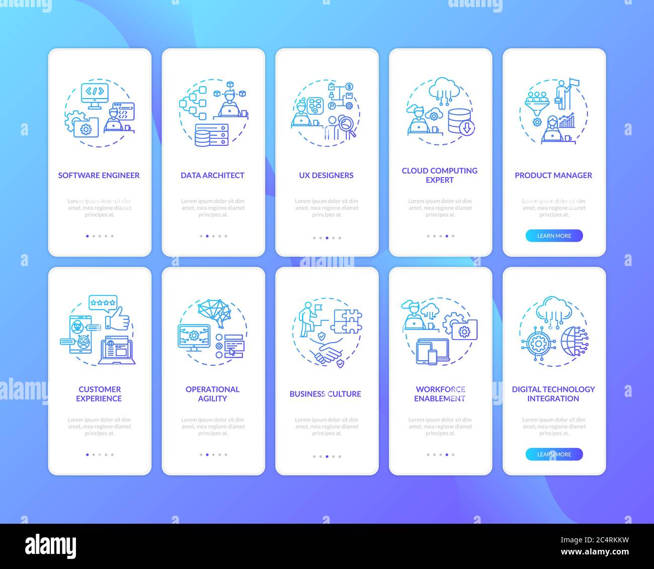 Technology implementation onboarding mobile app page screen with concepts Stock Vector