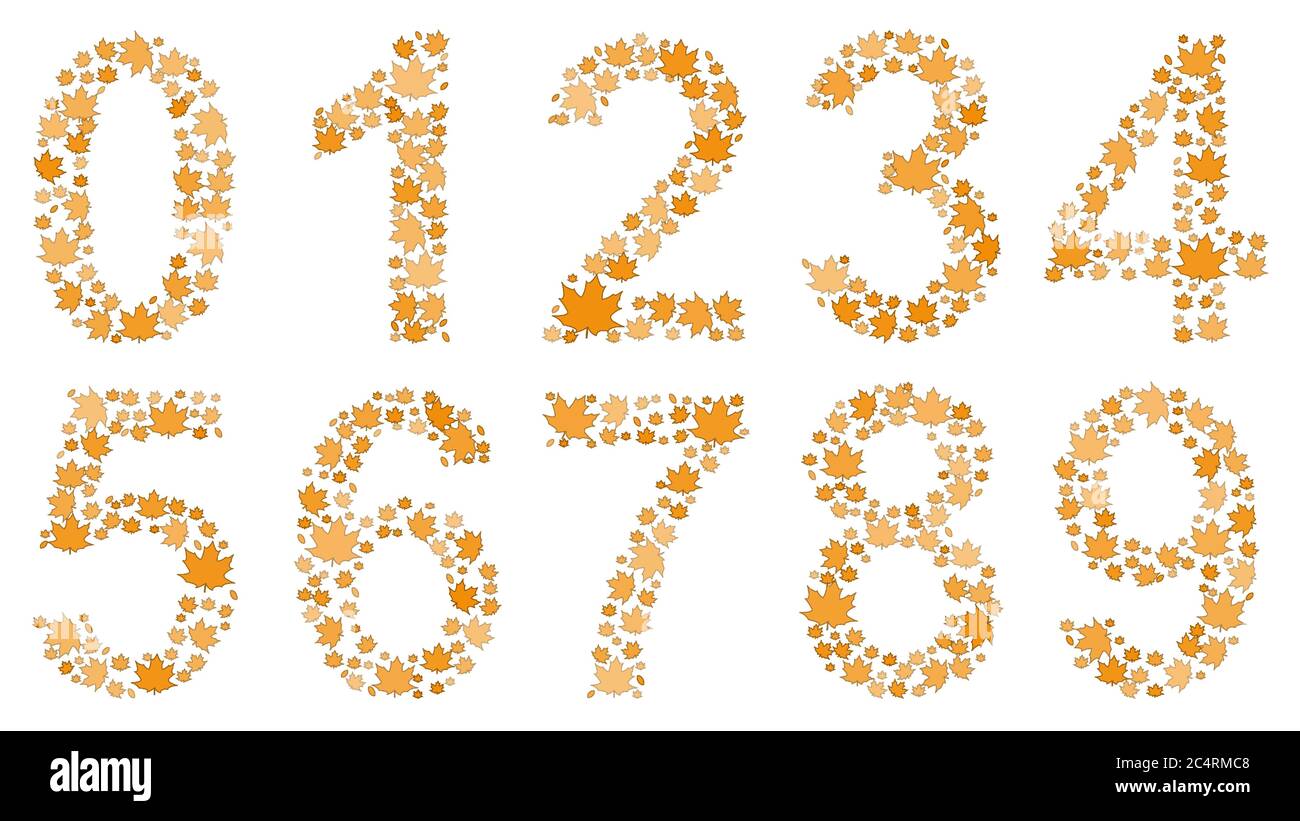Set of digits from 0 to 9, consisting of yellow autumn leaves on white background Stock Vector