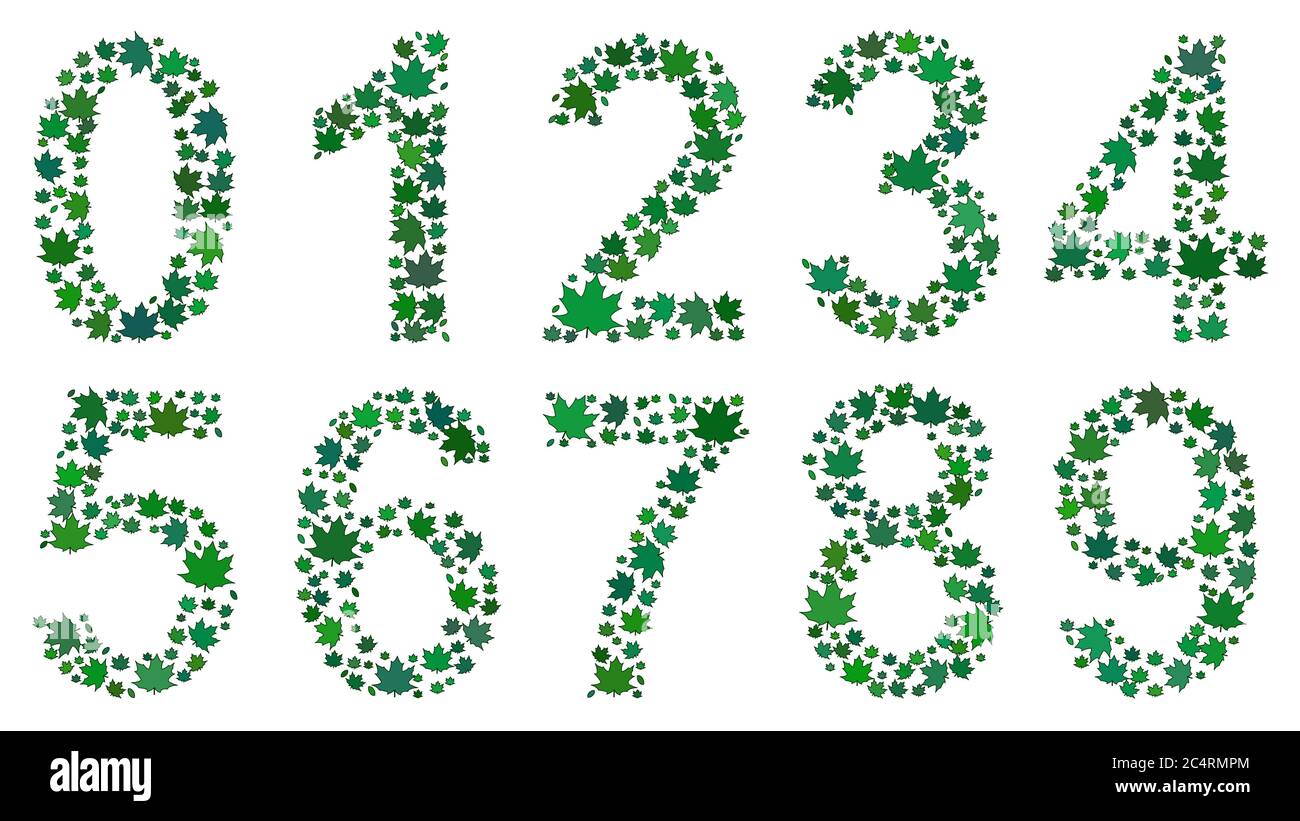 Set of digits from 0 to 9, consisting of green leaves on white background Stock Vector