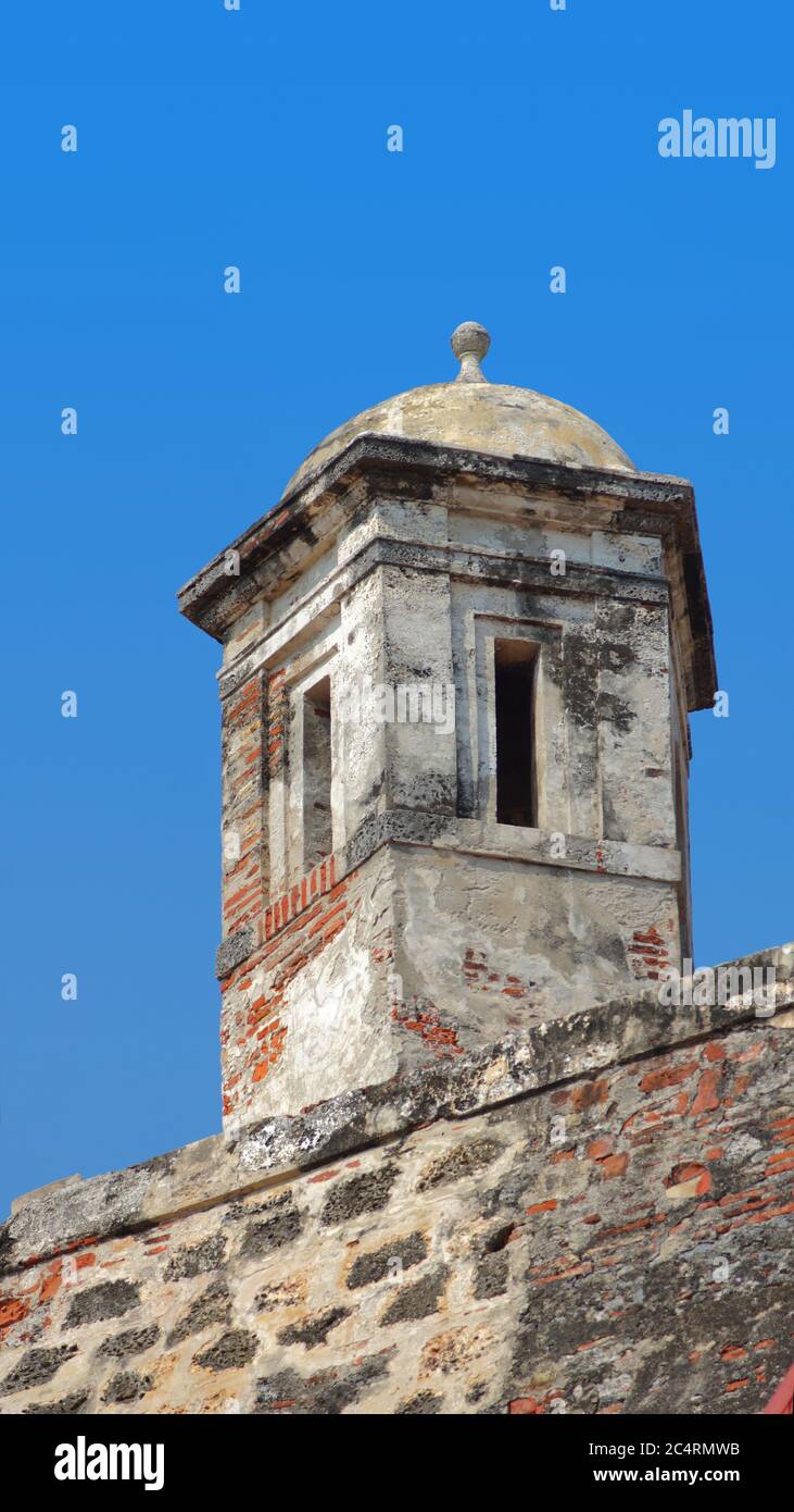 Cartagena de Indias, Bolivar / Colombia - April 9 2016: Tower of the Castillo San Felipe de Barajas. It is a fortress in the city of Cartagena. It was Stock Photo