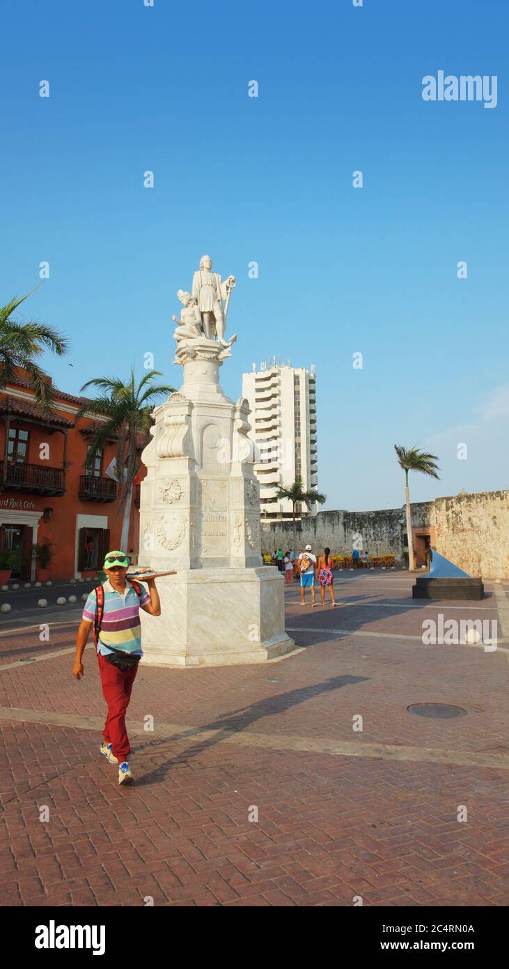 Cartagena de Indias, Bolivar / Colombia - April 9 2016: Christopher Columbus monument in the Plaza de la Aduana in the historic center of Cartagena de Stock Photo
