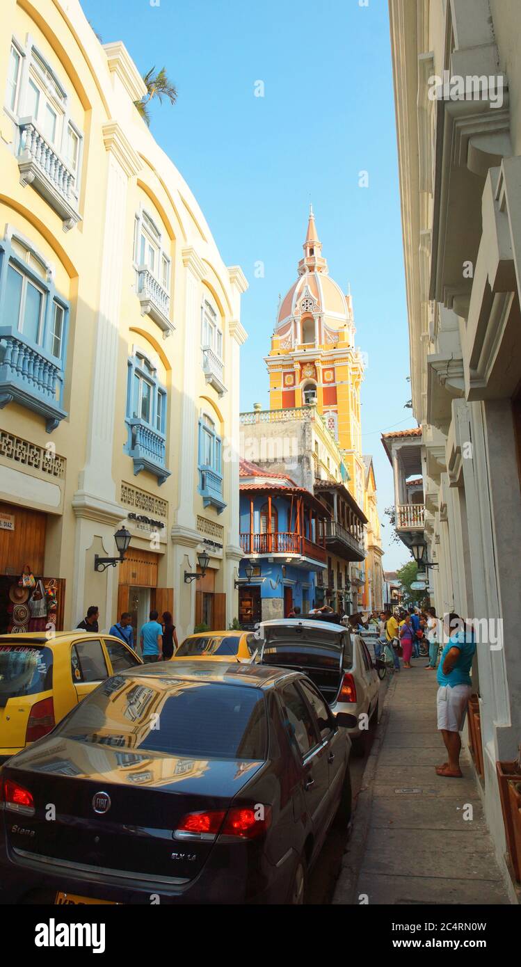 Cartagena de Indias, Bolivar / Colombia - April 9 2016: People walking in the historic center of the port city. Cartagena's colonial walled city and f Stock Photo