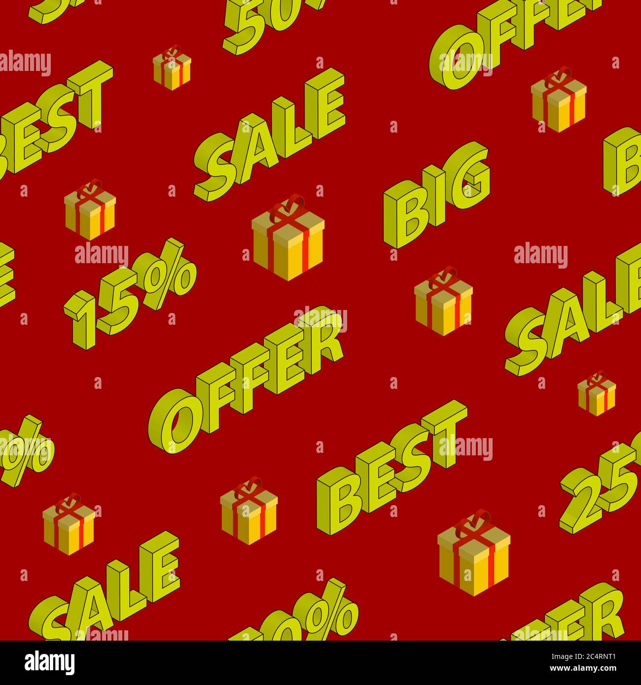 Seamless pattern on sales and discounts with isometric inscriptions and gift boxes, yellow on red background Stock Vector