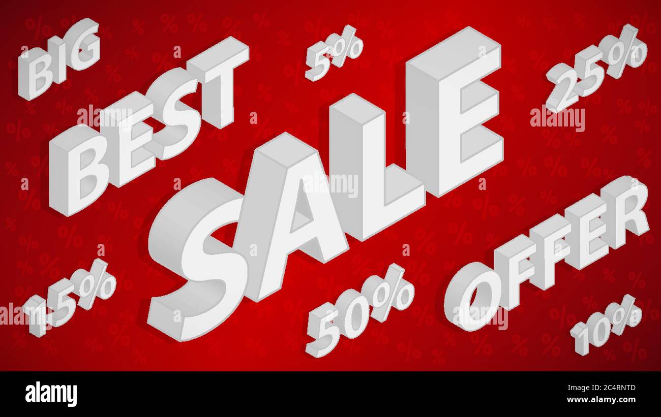 Sale and discount background with isometric inscriptions, white on red Stock Vector