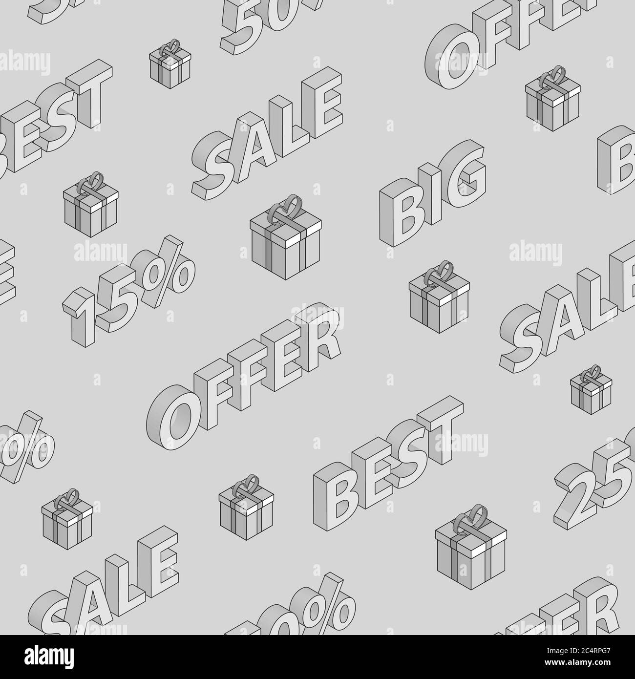 Seamless pattern on sales and discounts with isometric inscriptions and gift boxes, in gray colors Stock Vector