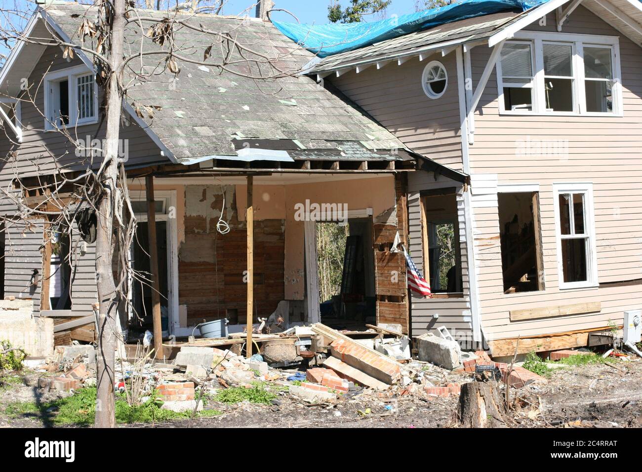 Powerful Hurricane Katrina storm surge & wind damage to homes on beach in Ocean Springs