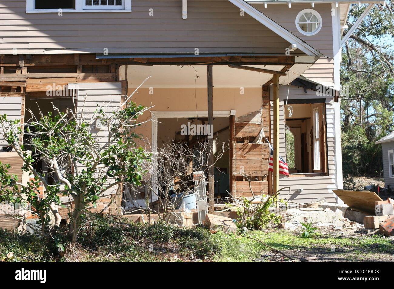 Powerful Hurricane Katrina storm surge & wind damage to homes on beach in Ocean Springs Mississippi near Biloxi. Stock Photo