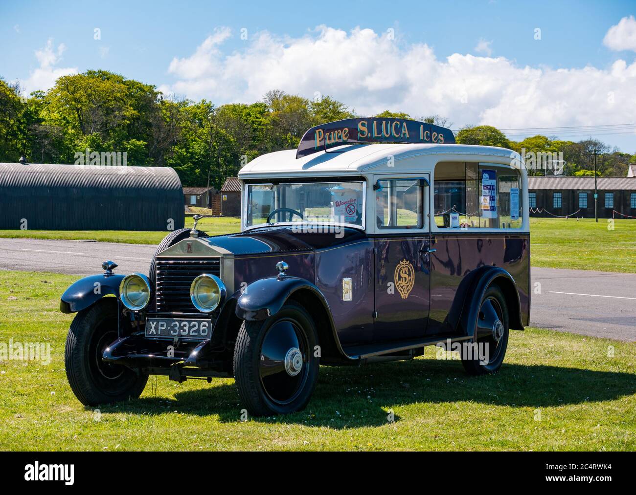 Vintage 1923 Rolls Royce ice cream van selling Luca ice creams, wartime experience event, East Fortune, East Lothian, Scotland, UK Stock Photo