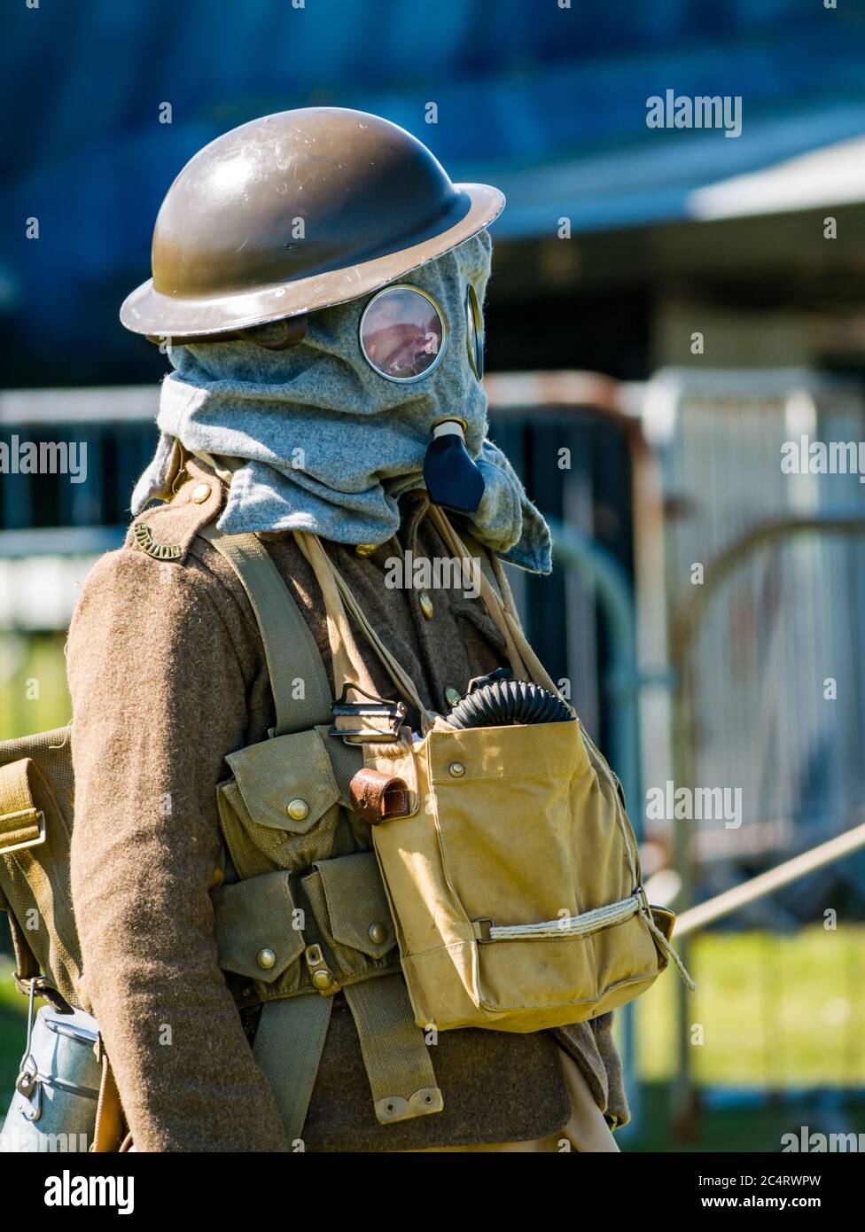 British WW1 soldier with gas mask, wartime experience event, East Fortune, East Lothian, Scotland, UK Stock Photo