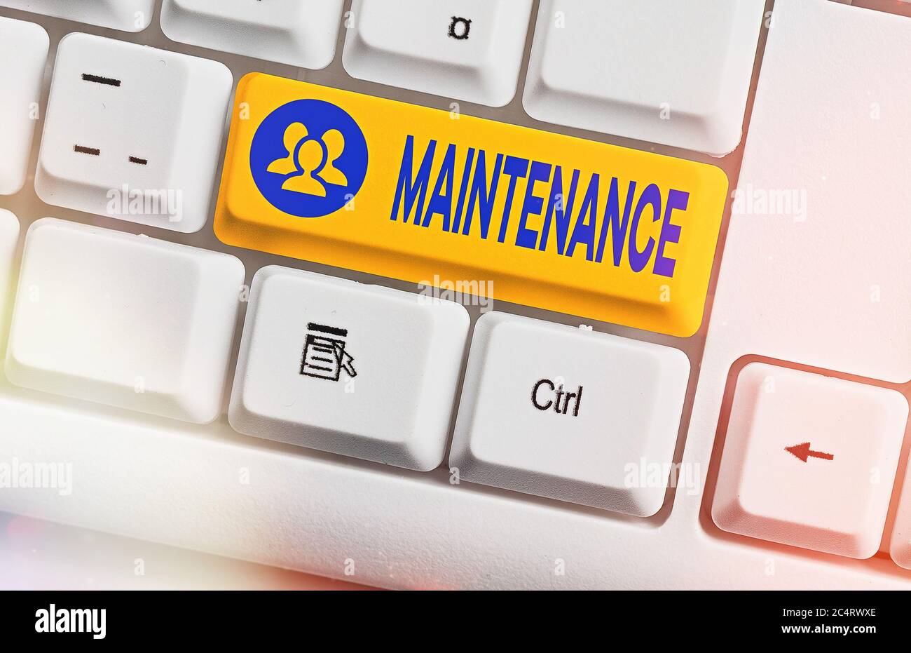 Conceptual hand writing showing Maintenance. Concept meaning method of preserving or maintaining someone or something White pc keyboard with empty not Stock Photo