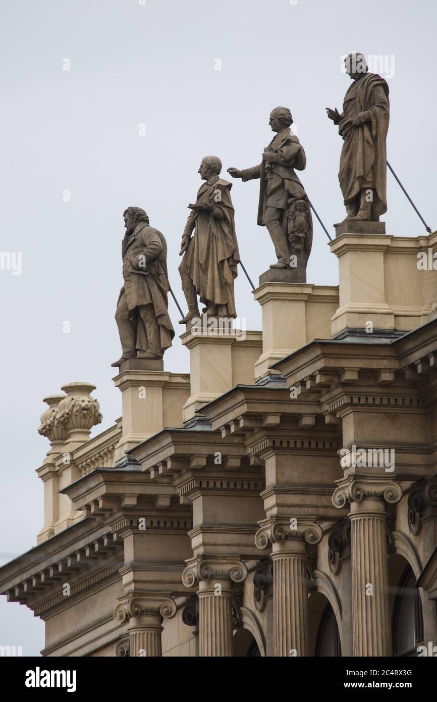 Statues of German composers on the roof of the Rudolfinum in Staré Město (Old Town) in Prague, Czech Republic. German composer Franz Schubert designed by Austrian sculptor Josef Lax (1884), German composer Carl Maria von Weber designed by Czech sculptor Tomáš Seidan (1884), German composer Felix Mendelssohn Bartholdy designed by Austrian sculptor Fritz Meisner (1884) and German composer Robert Schumann designed by Austrian sculptor Wilhelm Seib (1884) are depicted from left to right. Stock Photo