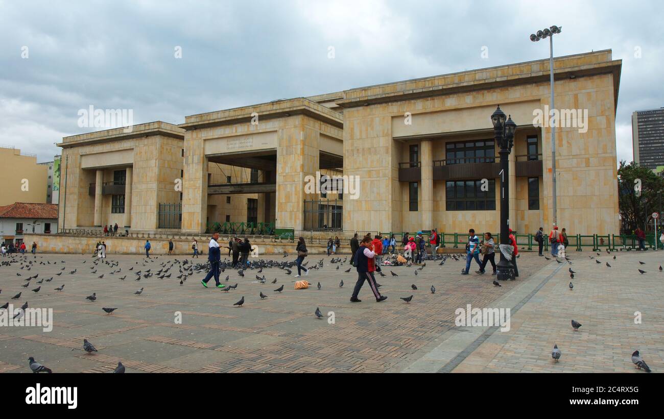 Bogota, Cundinamarca / Colombia - April 7 2016: Activity in the Bolivar plaza in the La Candelaria area in the downtown of the city of Bogota Stock Photo