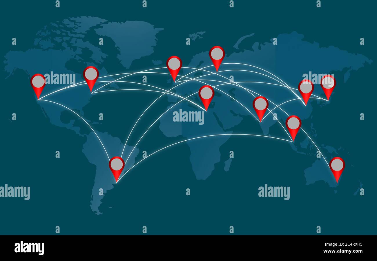 World map with markers in blue, 3D rendering Stock Photo - Alamy