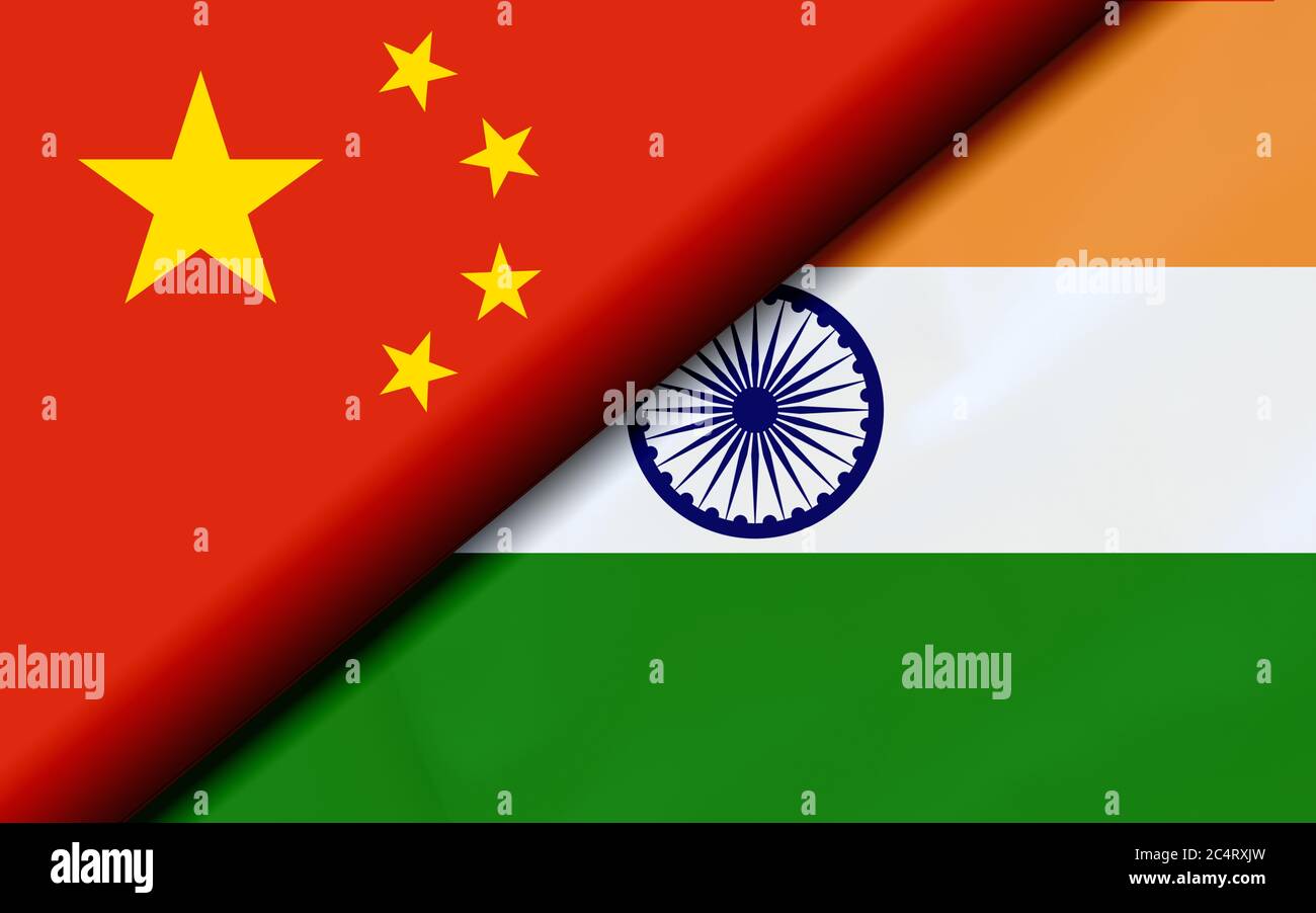 Flags of the China and India Divided Diagonally. 3D rendering Stock Photo