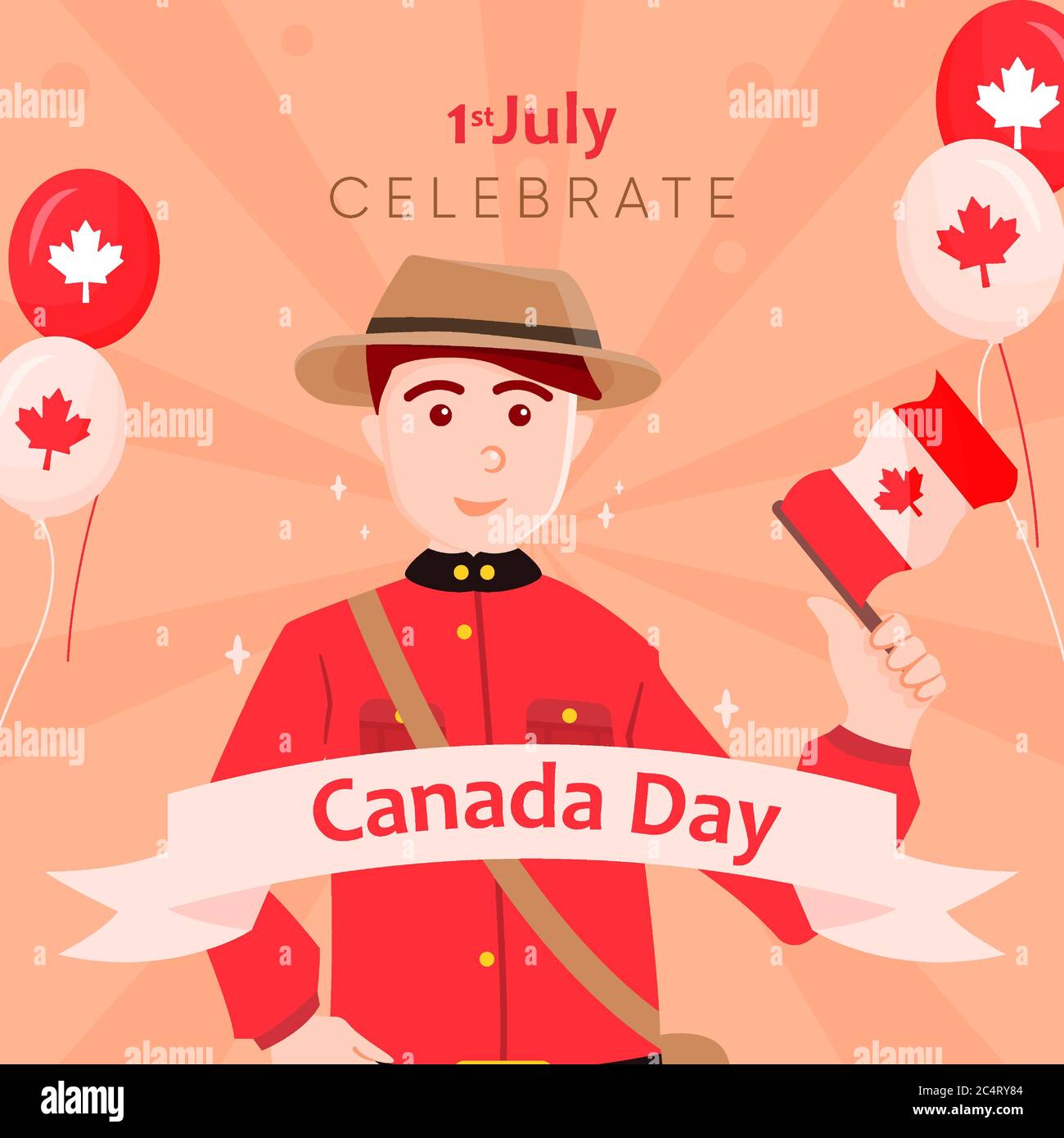 square banner greeting canada day, character canadian ranger with balloon and ribbon Stock Vector