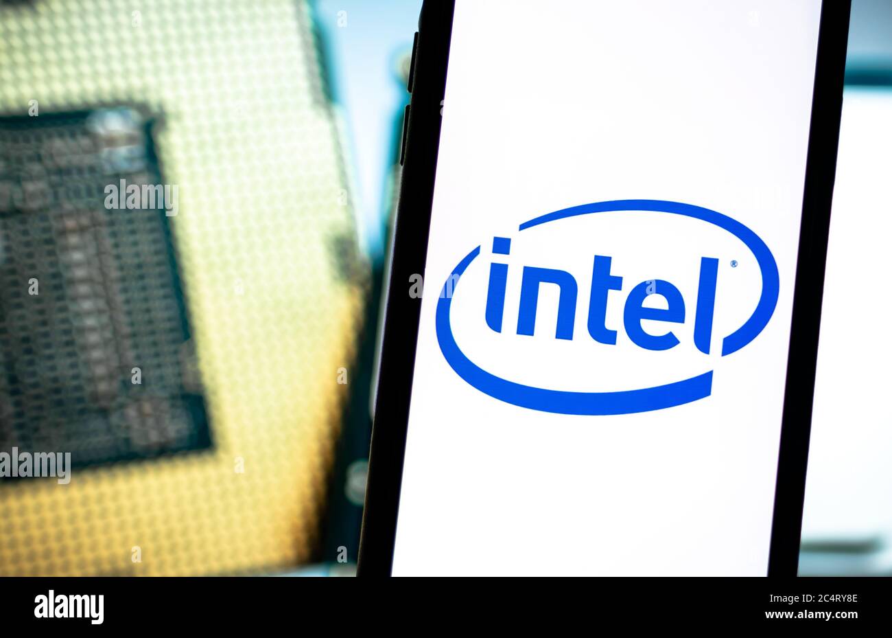 Intel logo on smartphone screen.  Stock Photo