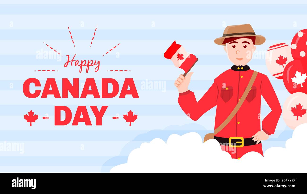 banner greeting canada day, character canadian ranger with balloon Stock Vector