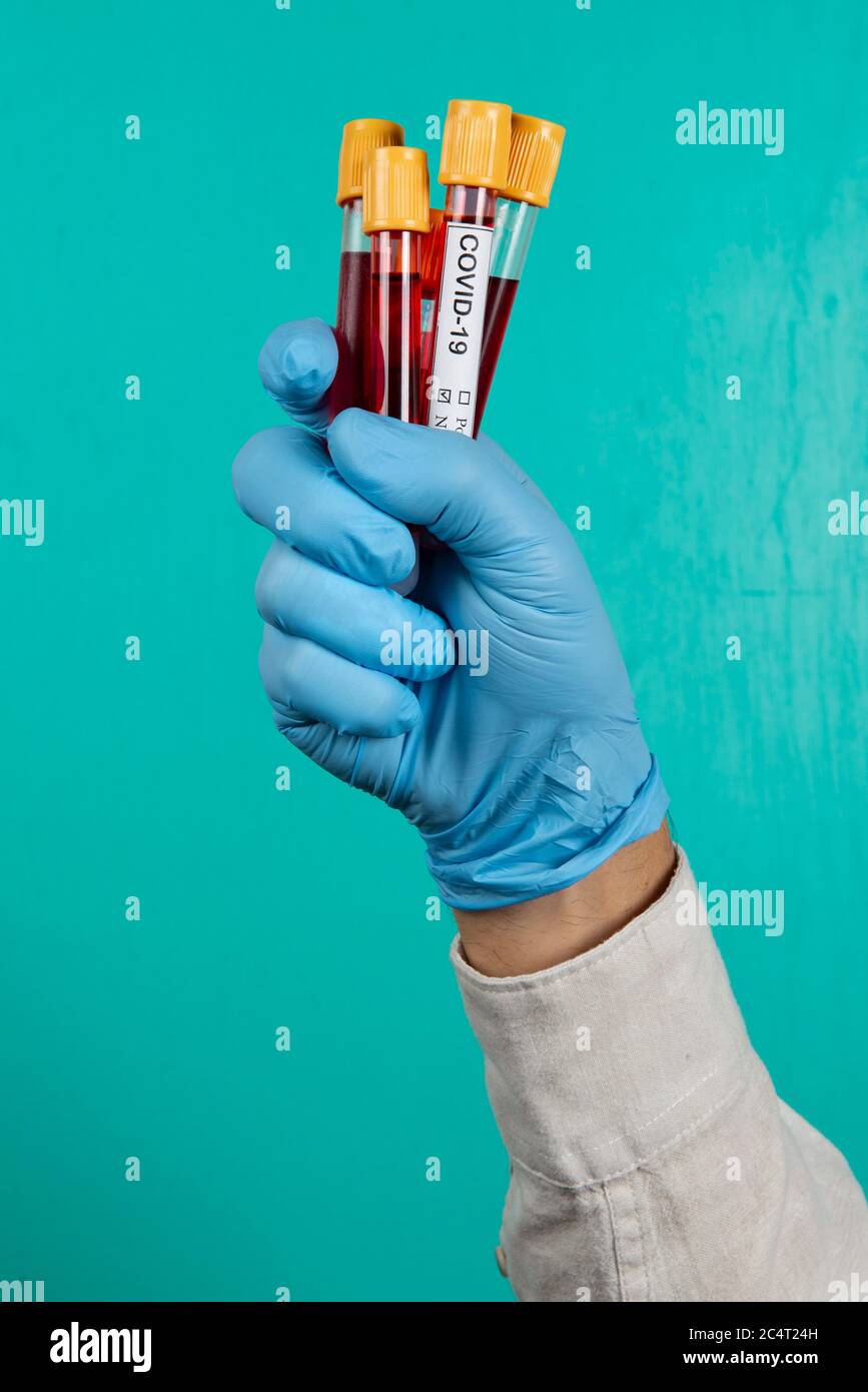 hand holding vacuum blood tube labeled Covid19 Stock Photo Alamy