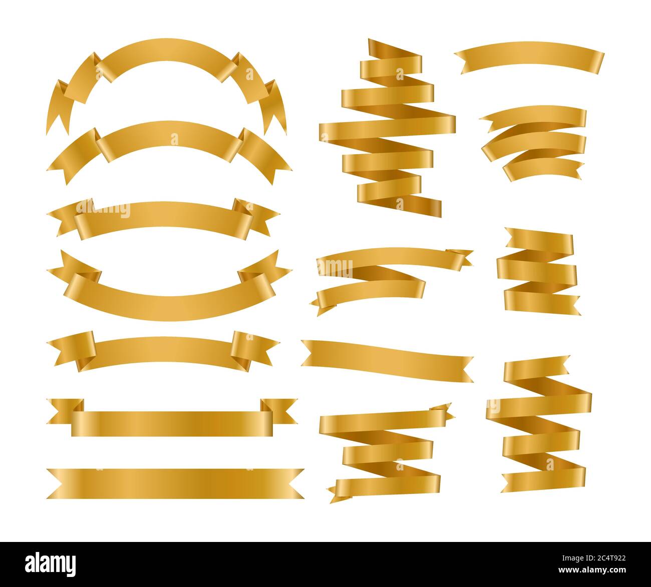 A curly gold ribbon for Christmas and birthday present banner isolated  against a white background Stock Photo - Alamy