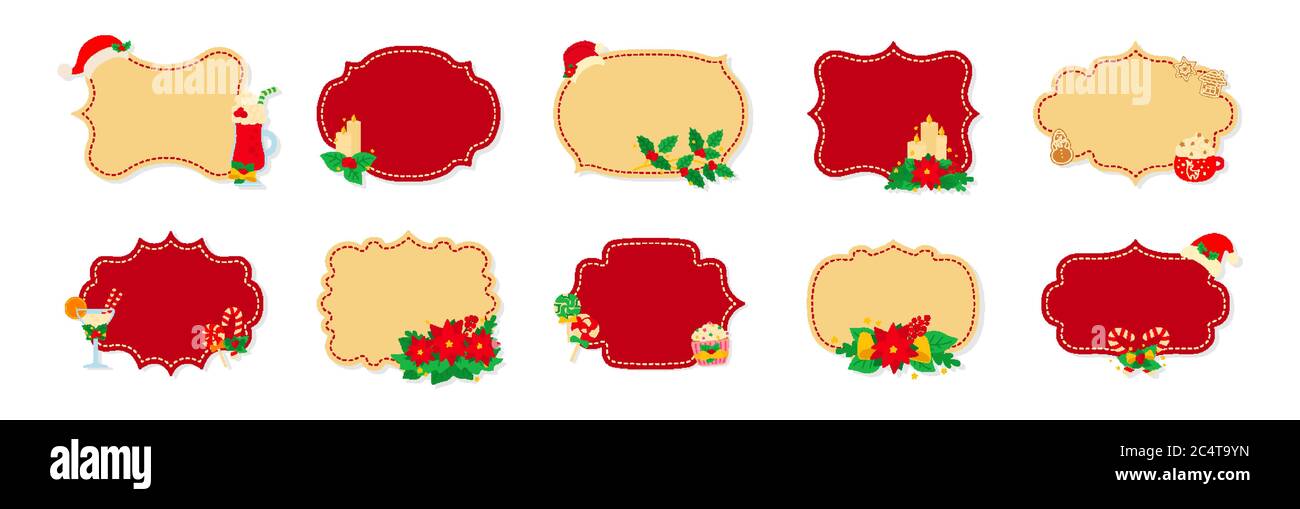 Christmas Label Or Tag Flat Set Cartoon Holiday Collection Red And Beige Christmas Patch Labels Christmas Tags Decorated Holly Mistletoe Candy And Cookies New Year Collection Vector Illustration Stock Vector Image