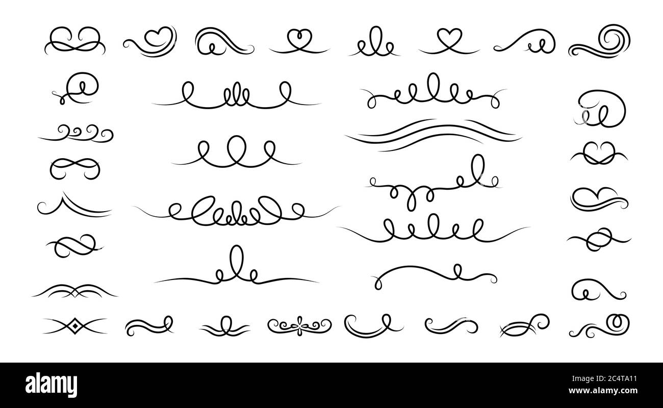 Curl and swirl calligraphic set. Vintage borders, vignettes decorative  elements. Elegant graphics elements ink black and white drawing whorls.  Isolated vector illustration Stock Vector Image & Art - Alamy