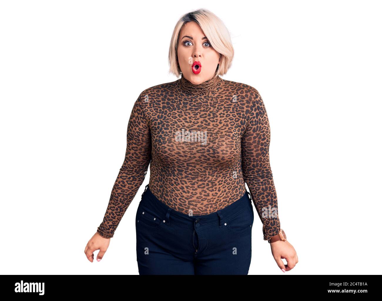 Young blonde plus size woman wearing casual leopard t-shirt scared and  amazed with open mouth for surprise, disbelief face Stock Photo - Alamy
