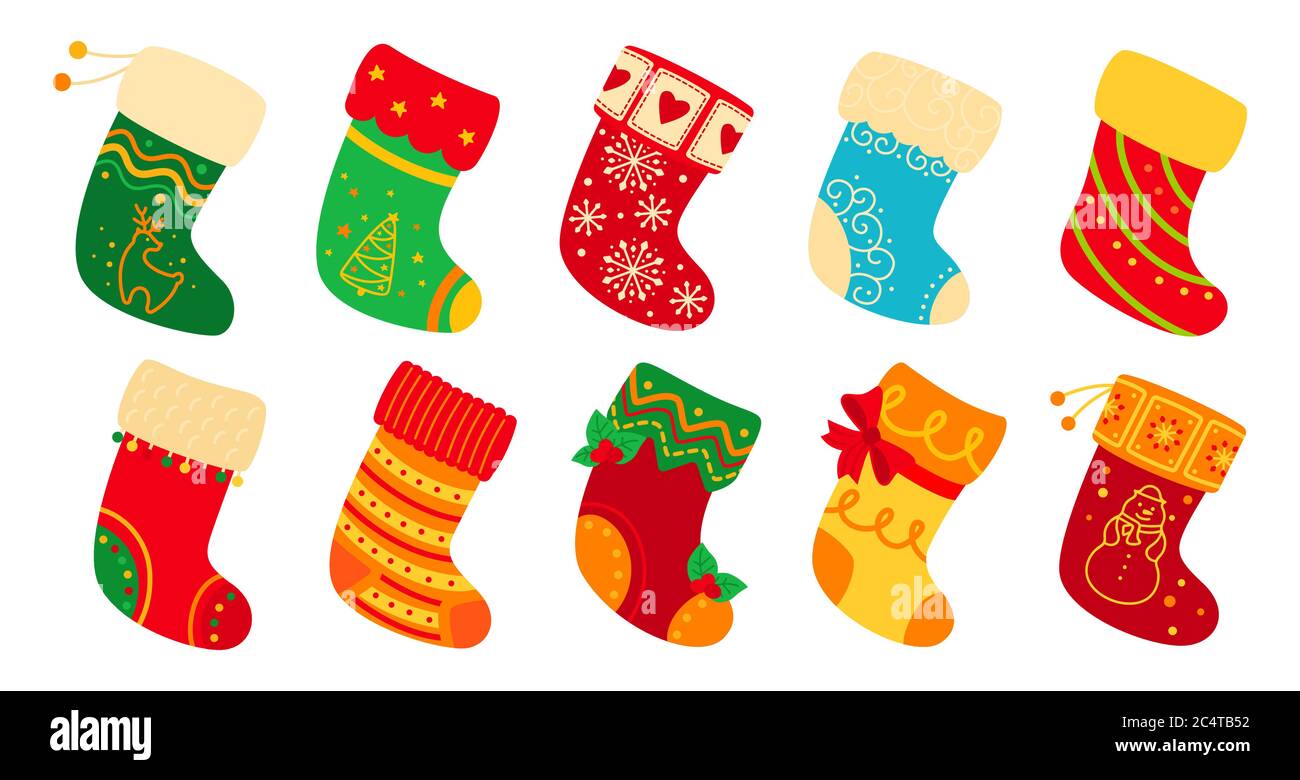Christmas socks flat set. Cartoon holiday cute traditional colorful and  ornate stockings. Christmas socks for gift, decorated holly and patterns.  New Year design collection. Vector illustration Stock Vector Image & Art -