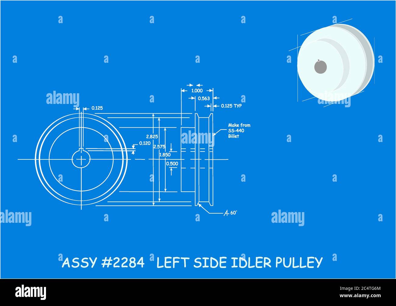 Illustration of an idler pulley as a blueprint with nomenclature in