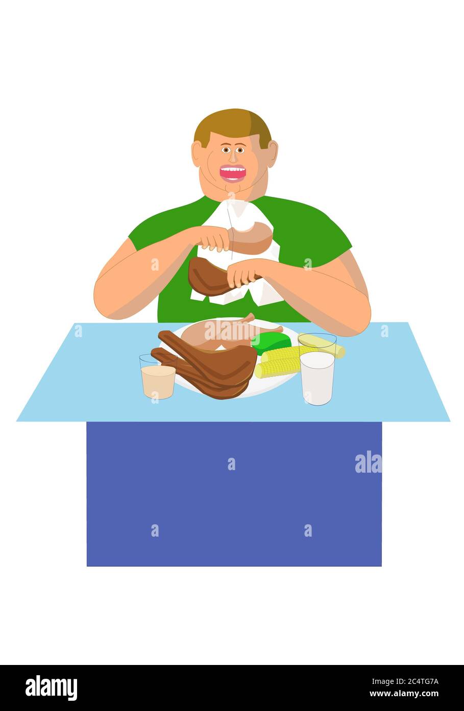 Drawing of a fat man eating a plate of turkey drumsticks. Stock Photo