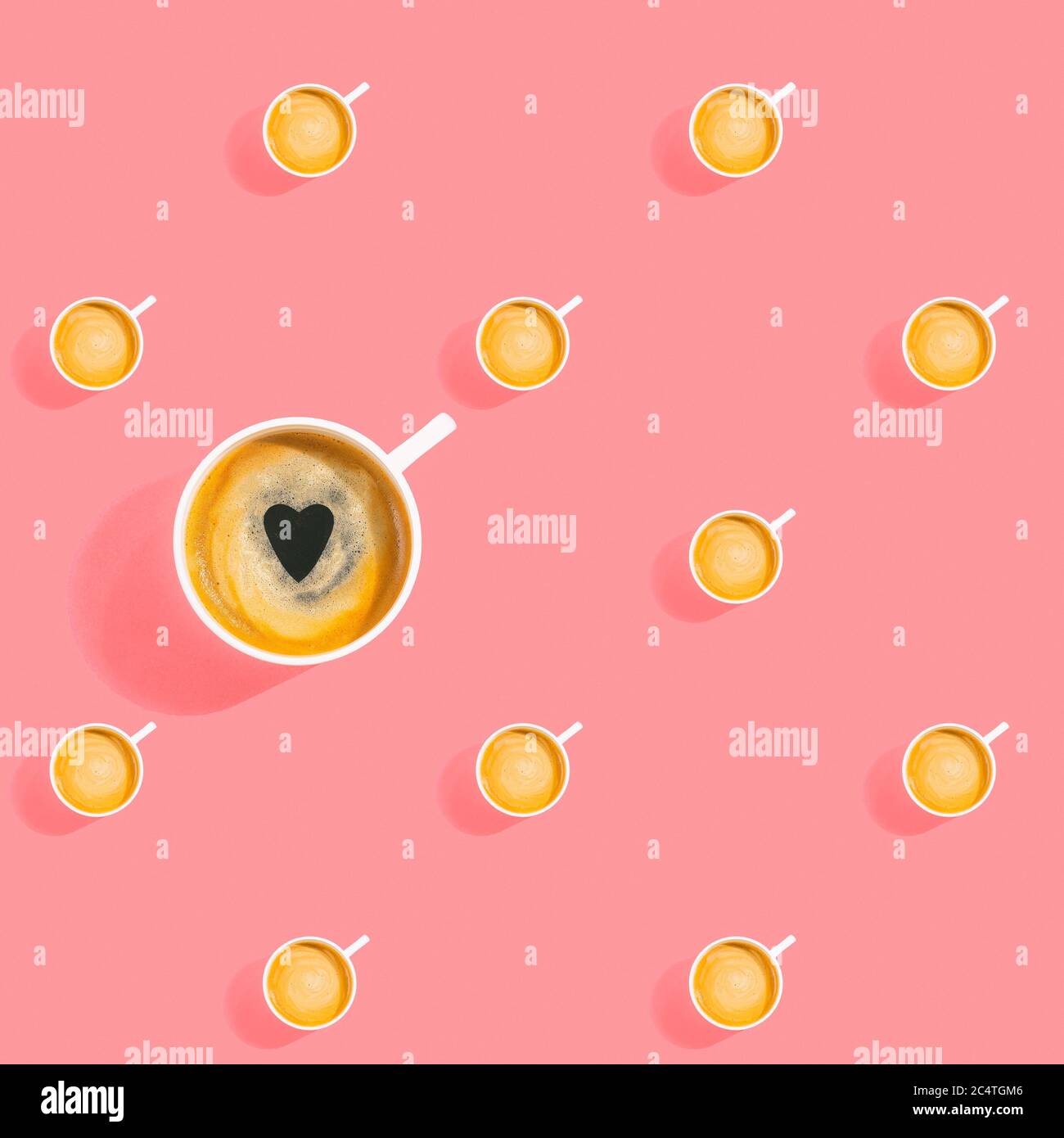 Creative seamless pattern coffee cups on light pink background, flat lay, square frame Stock Photo