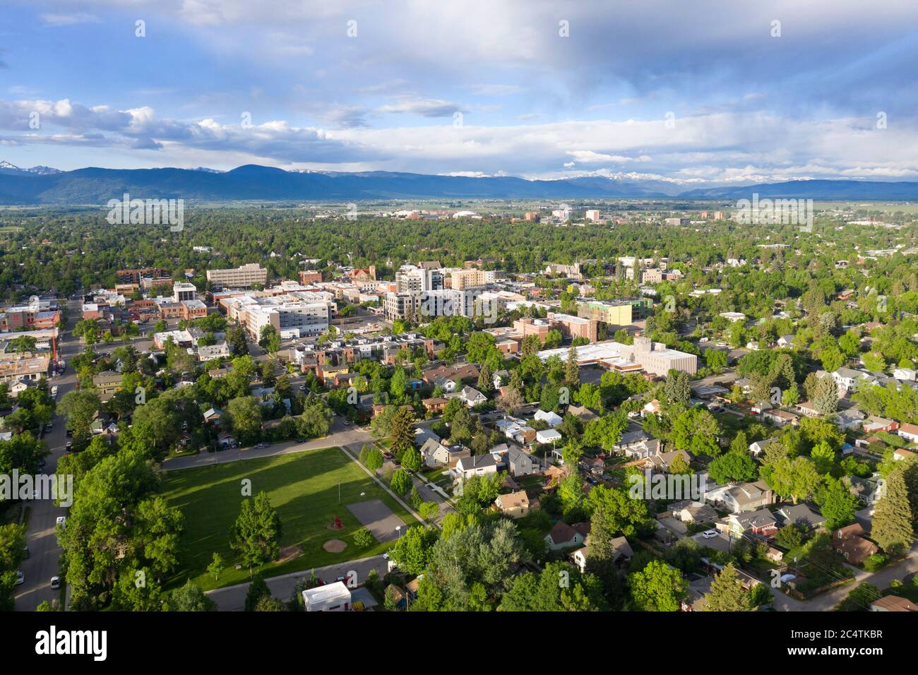 Aerial views of scenic downtown Bozeman, Montana Stock Photo