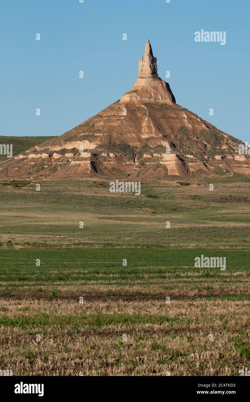 View of landmark Chimney Rock National Historic Site in Morrill County, Nebraska Stock Photo
