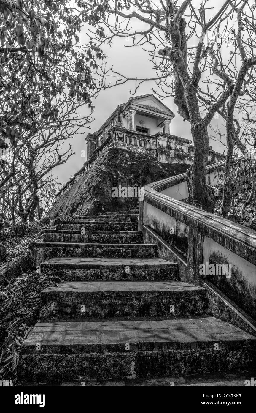 Stairs to Phimanphet Mahesuan Hall in Phetchaburi, Thailand (in monochrome) Stock Photo