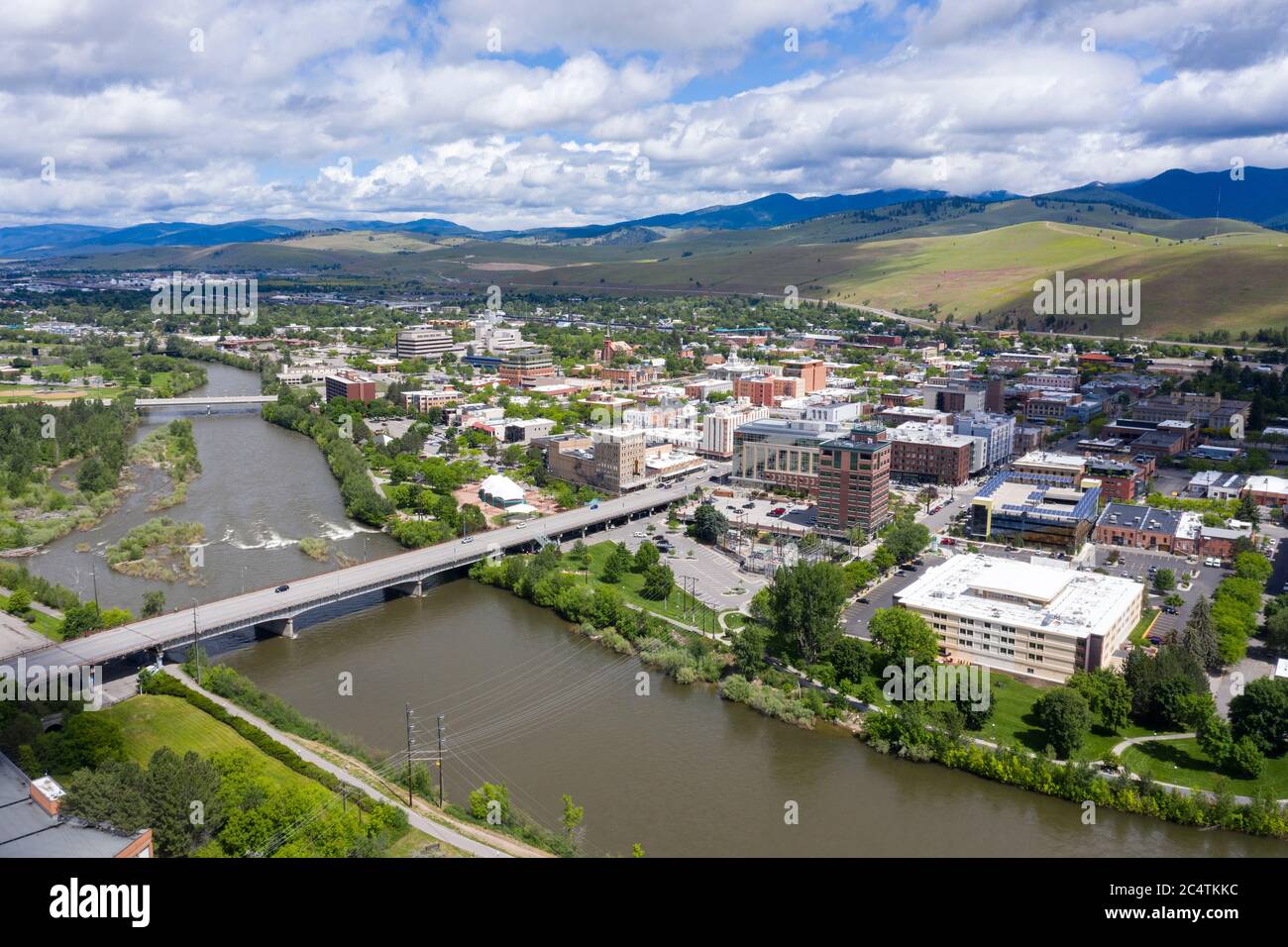 Aerial view of downtown Missoula, Montana with the Clark Fork River Stock Photo