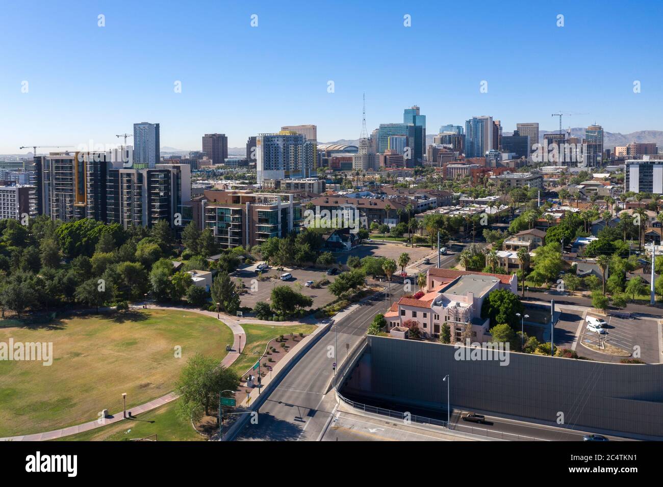 Aerial views of downtown Phoenix and the trendy RoRo neighborhood, Arizona Stock Photo