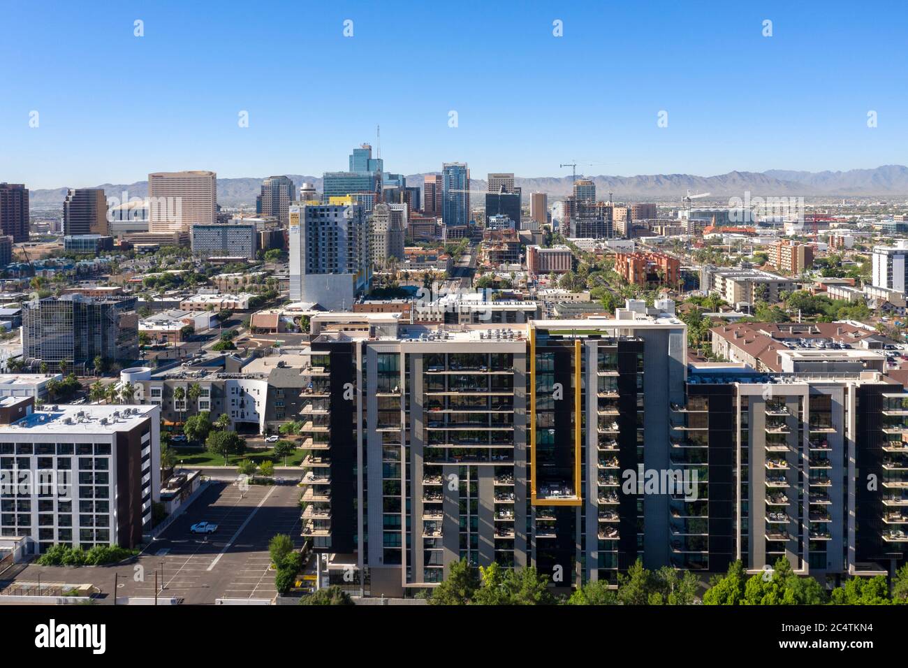 Aerial views of downtown Phoenix and the trendy RoRo neighborhood, Arizona Stock Photo