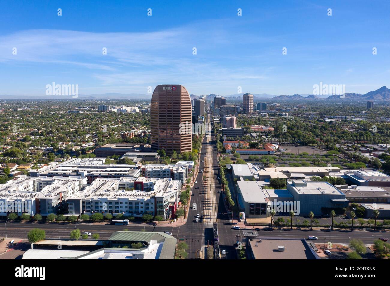 Aerial view up Central Avenue towards Midtown Phoenix and Heard Museum Stock Photo