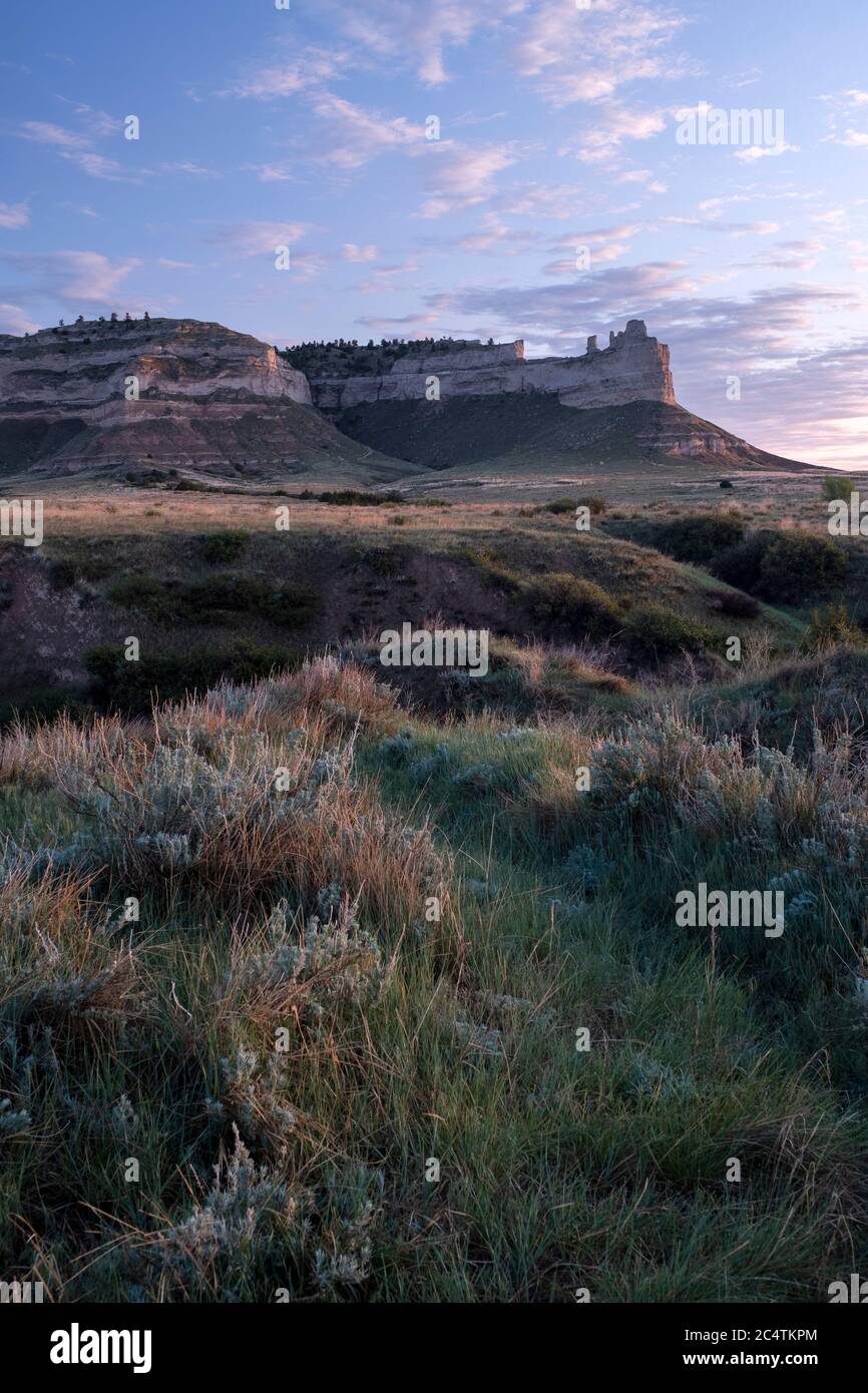 Dawn over the sagebrush prairie at Scotts Bluff National Monument, Nebraska Stock Photo